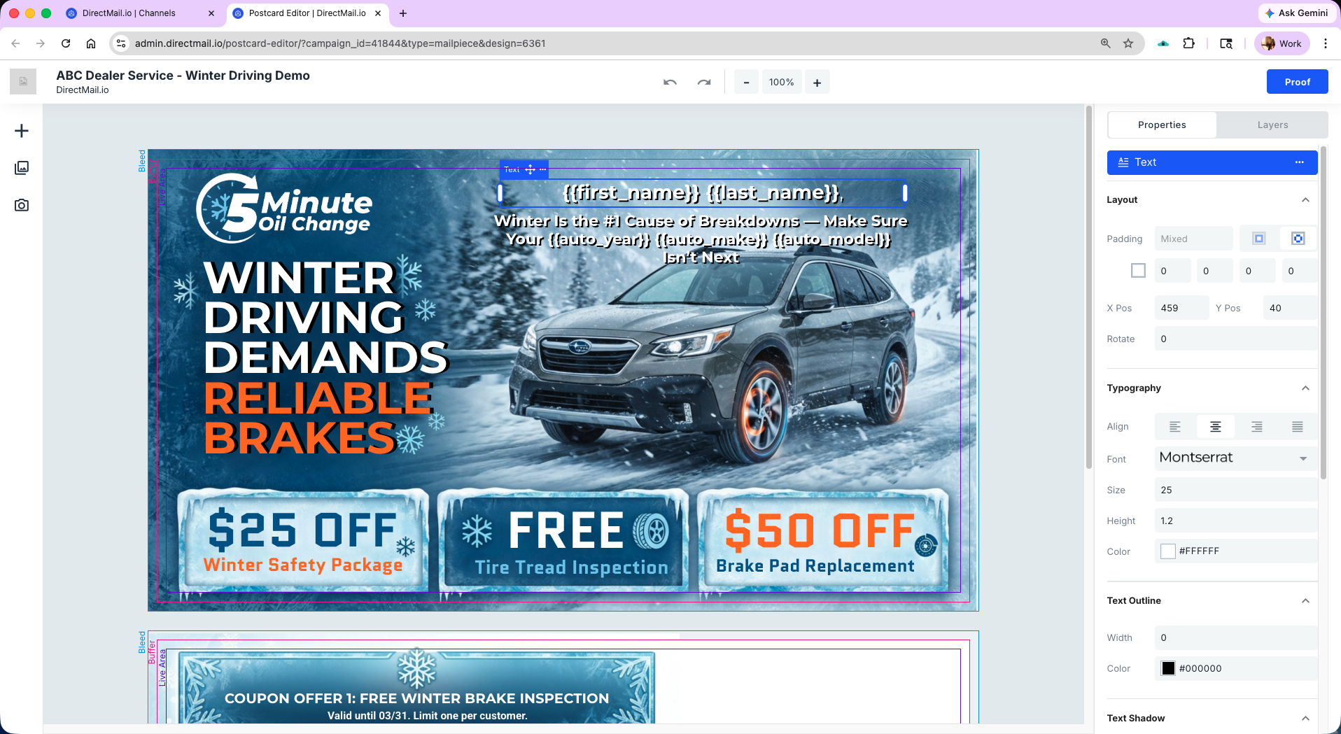 DirectMail.io in-browser postcard editor showing a Subaru winter driving direct mail campaign with variable data fields, variable imaging, coupon blocks, and live design canvas. Web-to-print workflow that replaces the traditional composition stage with print-ready PDF output.