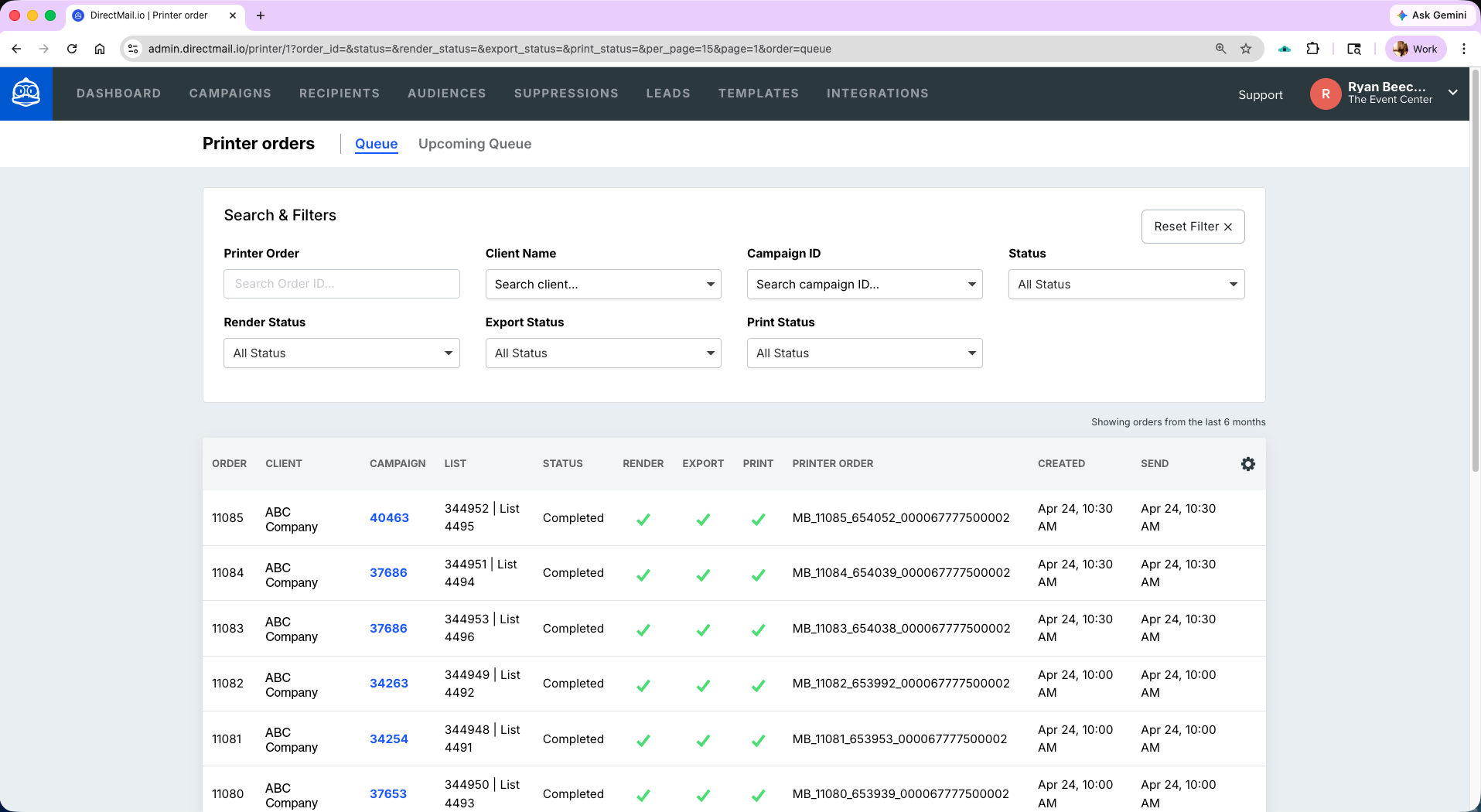 DirectMail.io printer order queue showing completed direct mail print jobs with render status, export status, and USPS print status for each order, tracked from platform to mailbox across multiple shops and clients.