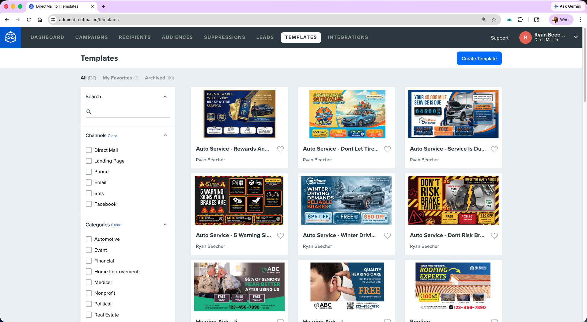 DirectMail.io pre-built template library showing a searchable grid of direct mail, landing page, email, SMS, and social templates organized by industry vertical — automotive, hearing aids, roofing, and more. Each template includes a thumbnail preview, category filter (Automotive, Event, Financial, Home Improvement, Medical, Nonprofit, Political, Real Estate), channel filter, and favorite/archive controls. The starting point for clone-and-launch campaign workflows in a direct mail agency platform.