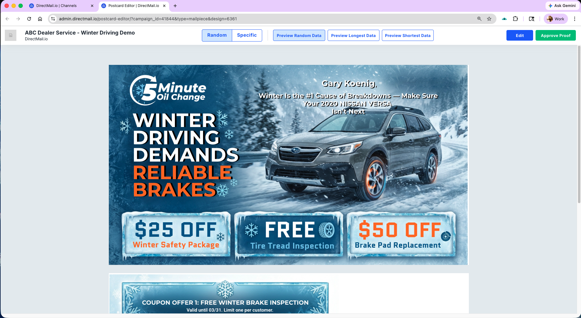 DirectMail.io postcard proof view showing variable data rendering: recipient first name, last name, and vehicle make and model populated per record — 1:1 personalization at scale. Proof that variable data and variable imaging work on every piece before the job ships to imposition.